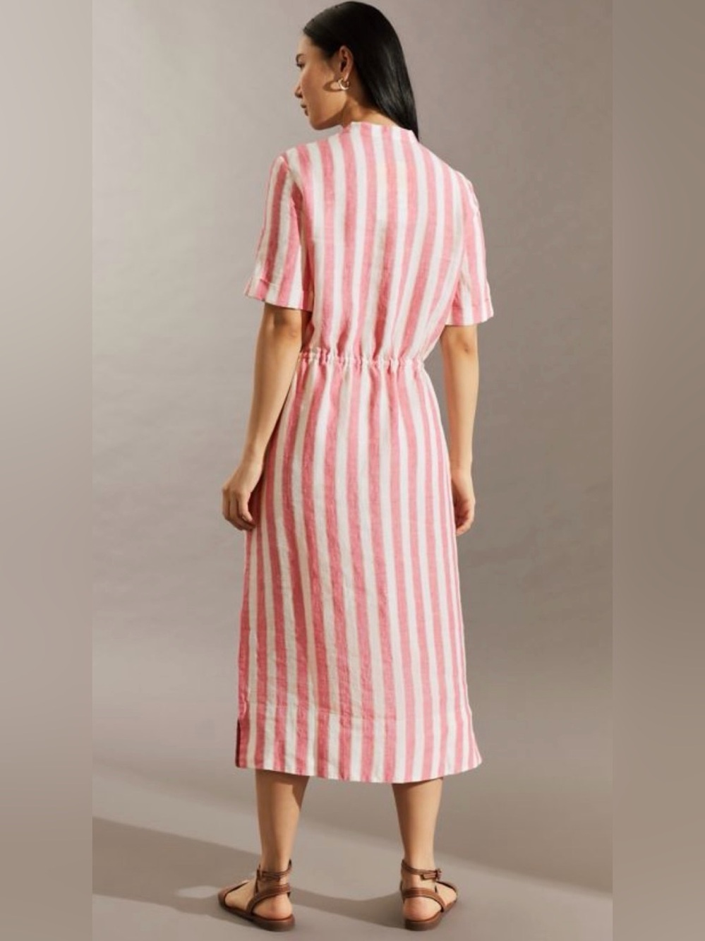 Jaeger Shop Pure Linen Striped Midi Waisted Dress Pink white 18/Large - Picture 3 of 14